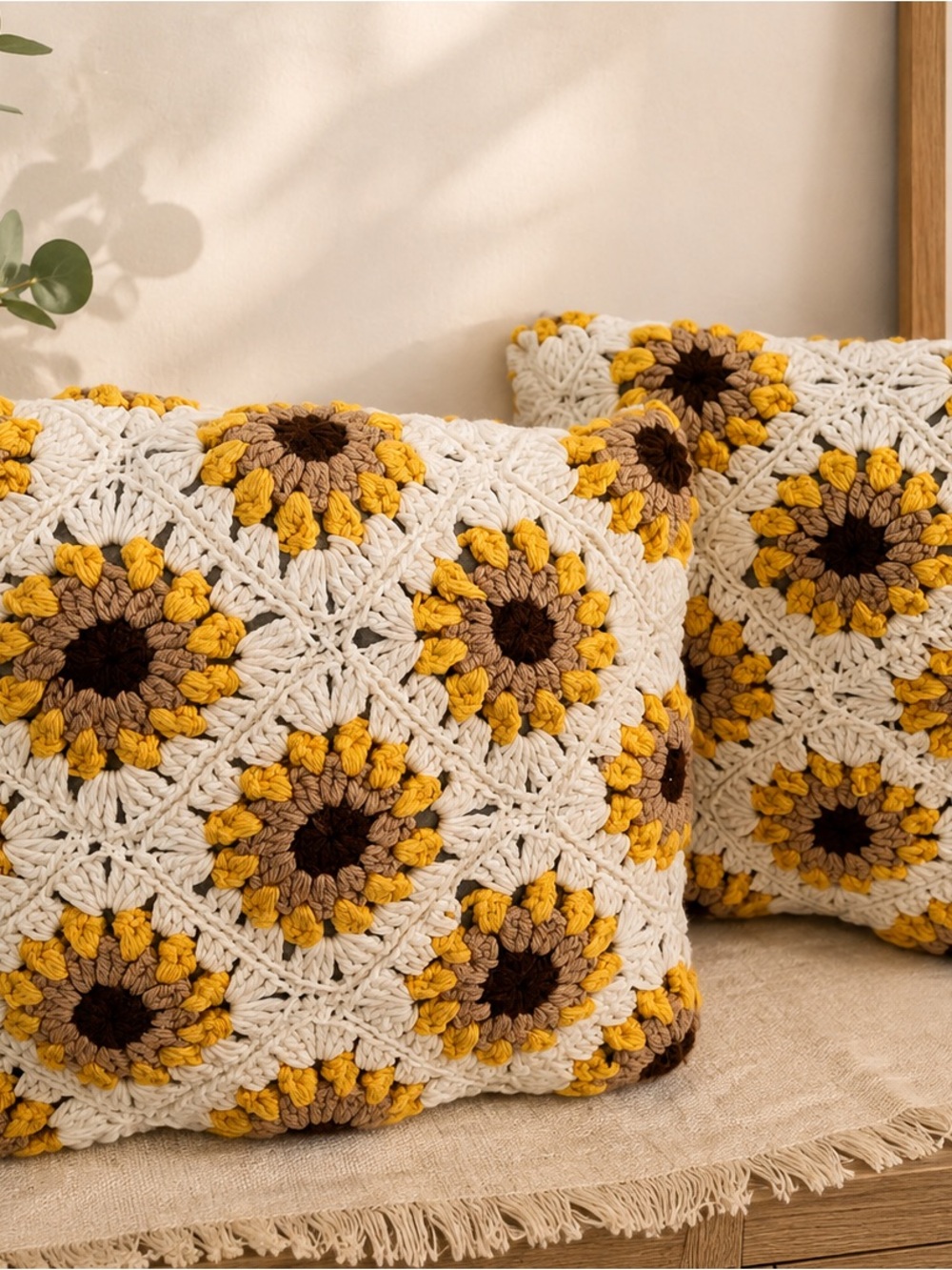 Sunflower Crochet Throw Pillow - Yellow, Brown & Cream